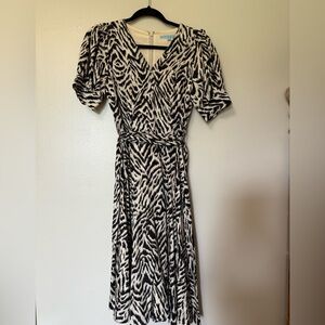 Antonio Melani Zebra Print faux Wrap midi belted Dress with bell sleeve